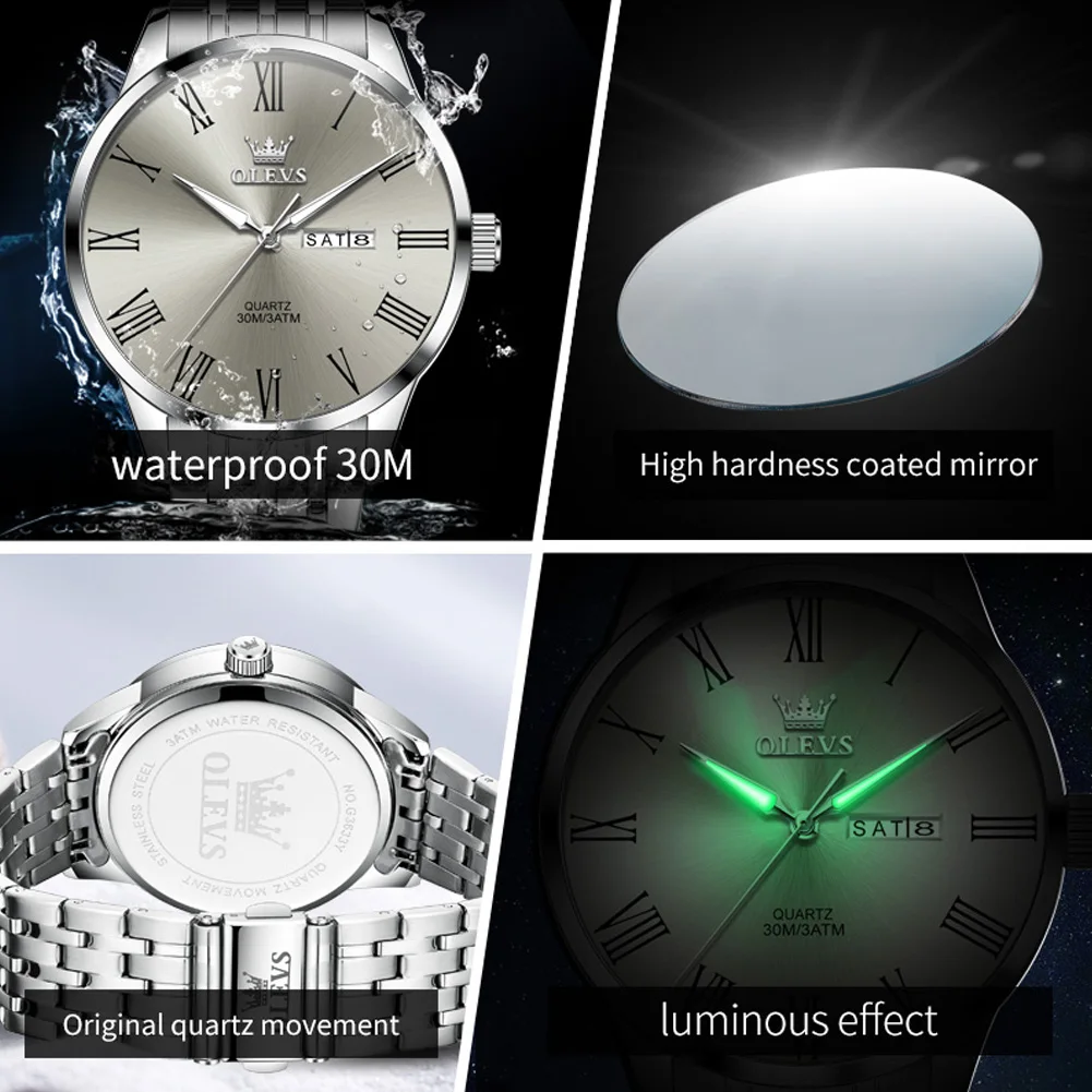 Olevs Merk Originele Eenvoud Heren Horloges Waterdicht Roestvrij Staal Quartz Horloge Lichtgevende Datum Romeinse Schaal Mannelijke Polshorloge