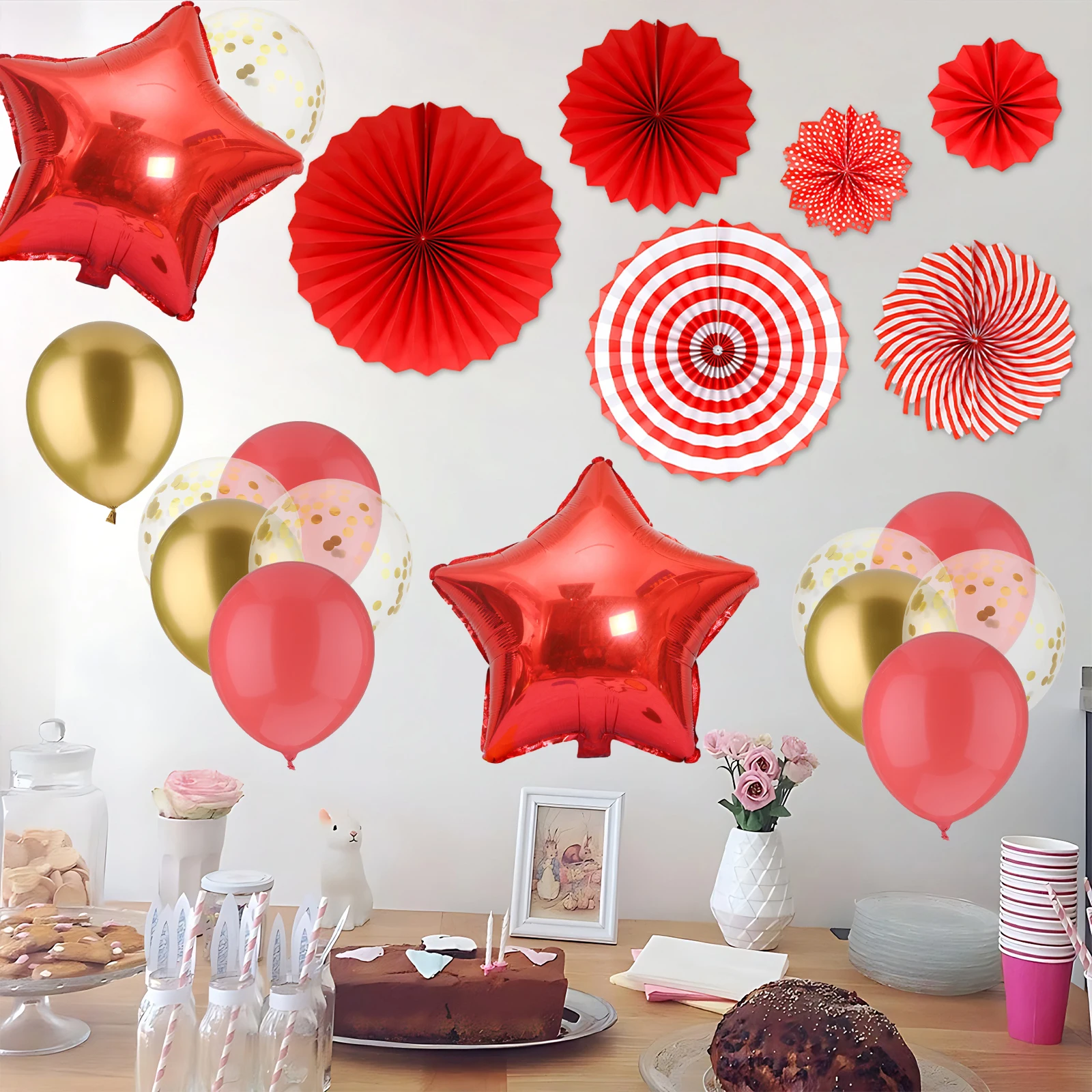 41pcs Set 15.7 Inch Red Paper Card Paper Fans 12 Inch Red Latex Latex Party Balloons Foil Star Balloon Confetti