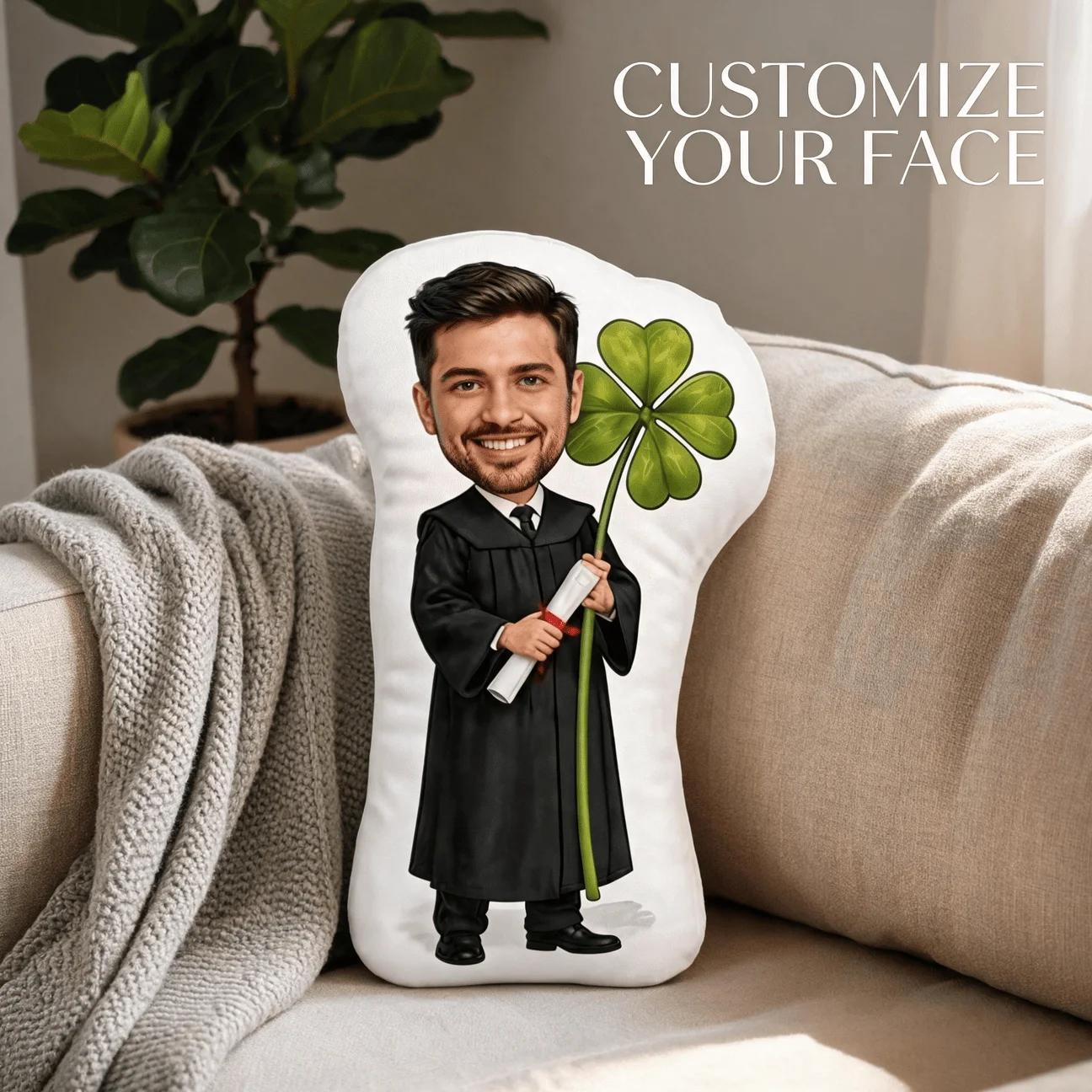 Custom Photo Graduation Shaped Pillow, Personalized Graduate in Gown Holding Shamrock Decorative Cushion, Unique Home Decor Acce