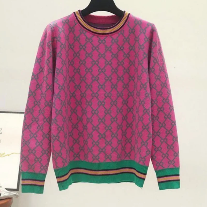 2025 Europeans Soft Warm Winter Sweater Rose Red Geometric Jacquard Knitted Jumper Tops Crew Neck Unique Y2K Tops Elegant Women