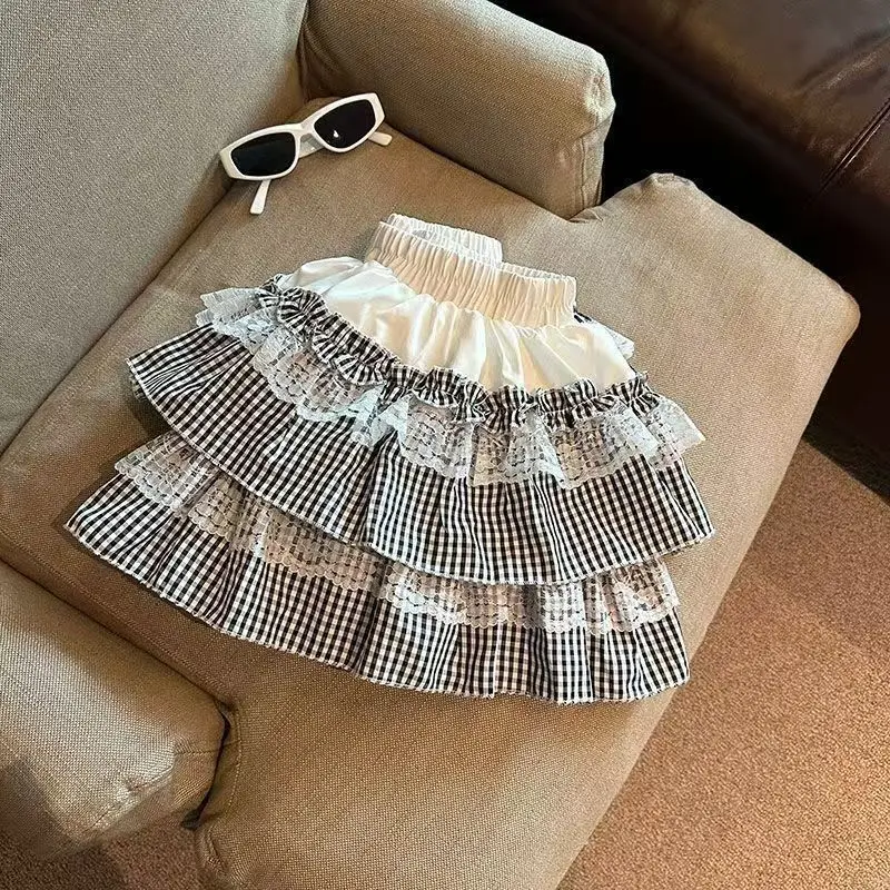 Mini Skirts Women Sweet Lace Plaid Vintage Stretch High Waist Y2k Aesthetic Puffy Layered Cake Skirt Ladies Casual