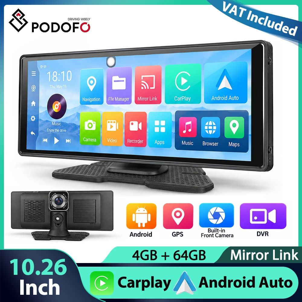 Podofo 4+64G Monitor per Auto 10.26'' Carplay Android Auto GPS Telecamera Anteriore DVR Auto Bluetooth AUX Assistenza al Parcheggio Schermo Intelligente Lettore