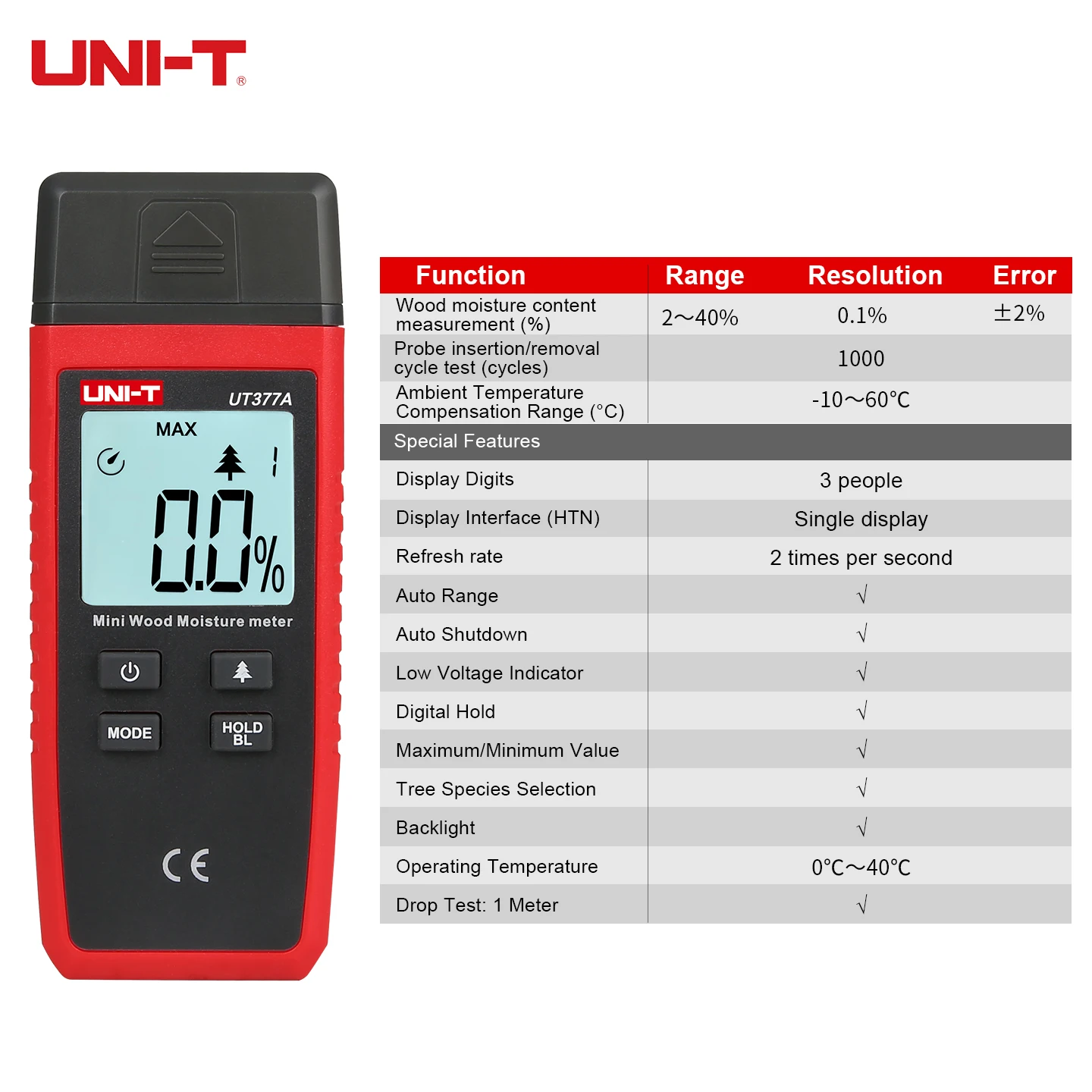 UNI-T Wood Moisture Meter, 4 Wood Type Selection, 2%-40% Pin Type Moisture Tester for Lumber, Firewood, Furniture