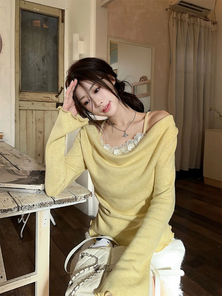 

Нежный укороченный топ из двух предметов с 3d цветком, женские темпераментные однотонные облегающие футболки с длинными рукавами, эстетические футболки Y2k