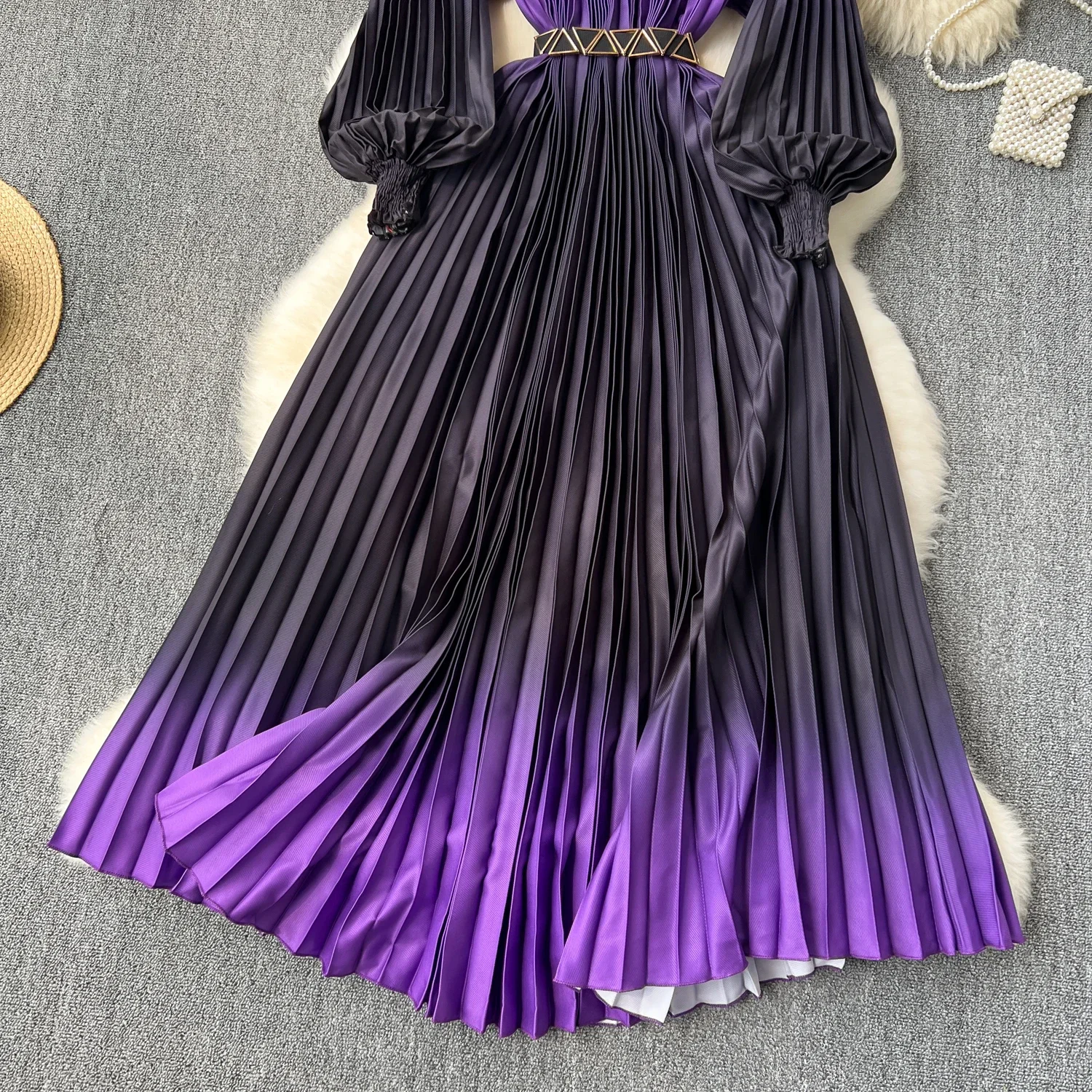 Vestido plisado de manga acampanada para mujer, Vintage, elegante, gradiente, básico, a la moda, verano y primavera