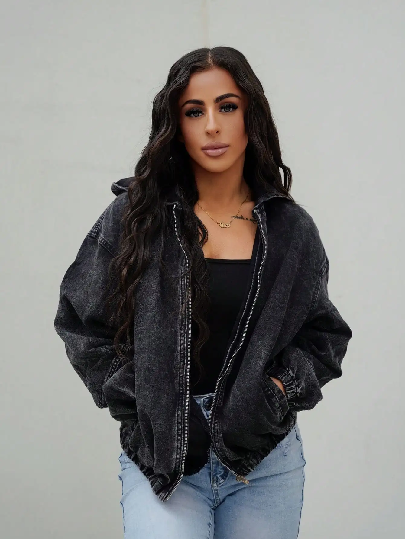 

Women Front Zip Long Sleeve Minimalist Denim Jacket, Casual Daily Wear Y2k