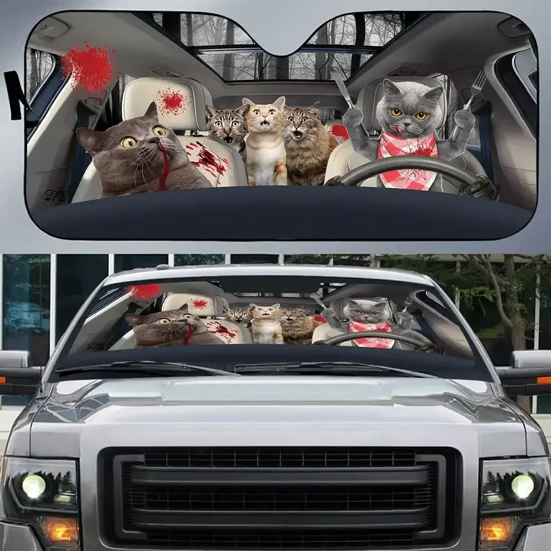 English shorthair Cat Scary Blood Halloween Windshield Sunshade, Cat Halloween Car Sunshade, Halloween Gift Idea