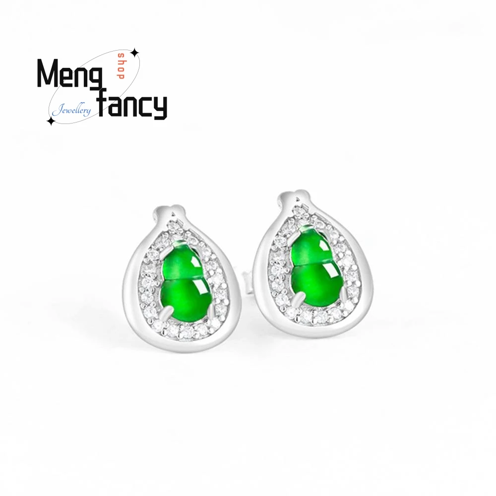 Elegant S925 Silver Inlaid Natural A-goods Jadeite Gourd Yang Green Ice Jade Earrings Sexy Young Girls Luxury Quality Jewelry