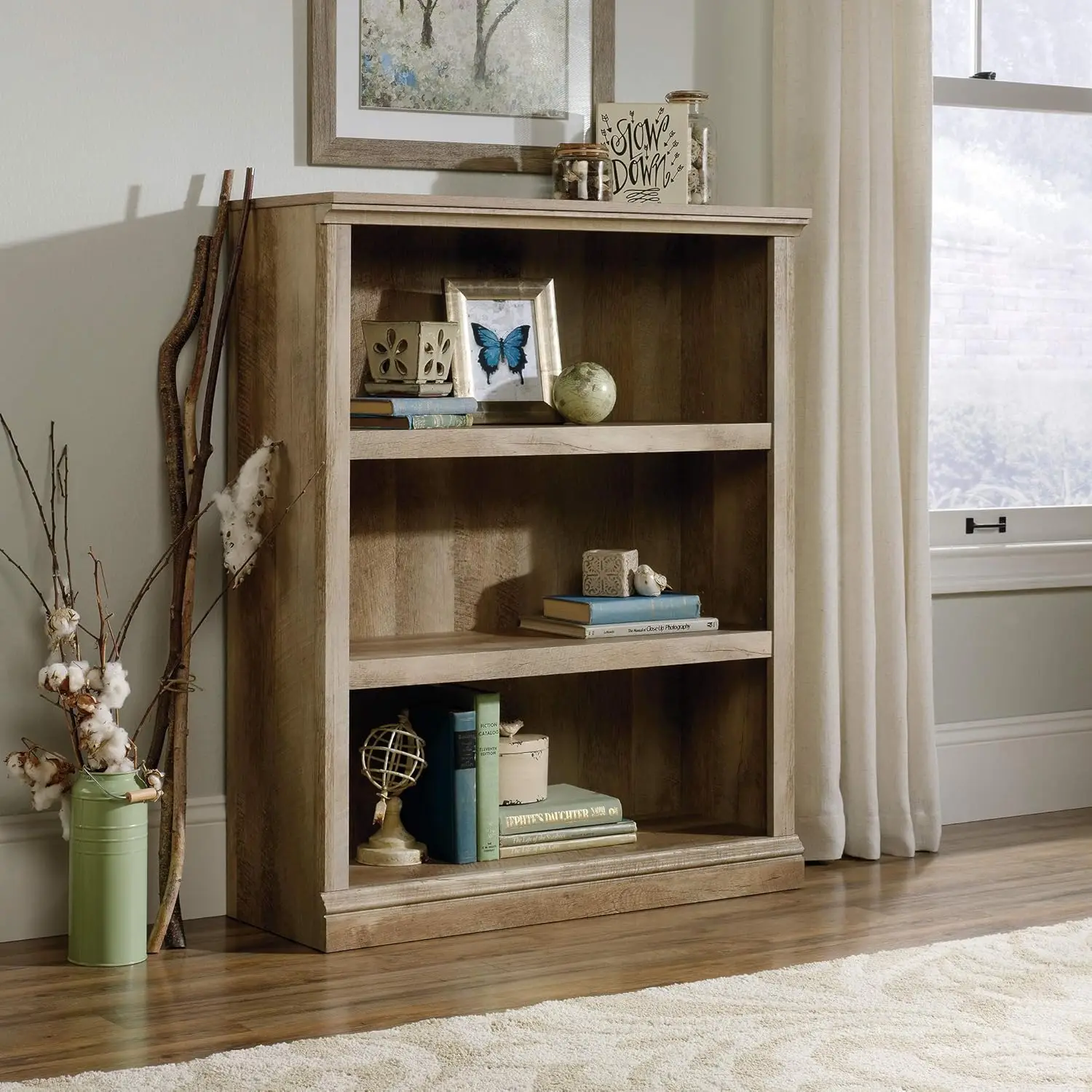 3-Shelf Bookcase with Adjustable Shelves, Lintel Oak Finish, Easy Assembly