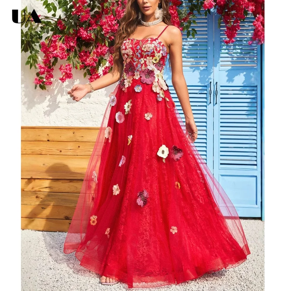 

ULBYANRY Customized Mesh Spaghetti Strap Evening Dress for Woman, Romantic Appliques Party Dress, Fashionable A-line Ball Gown