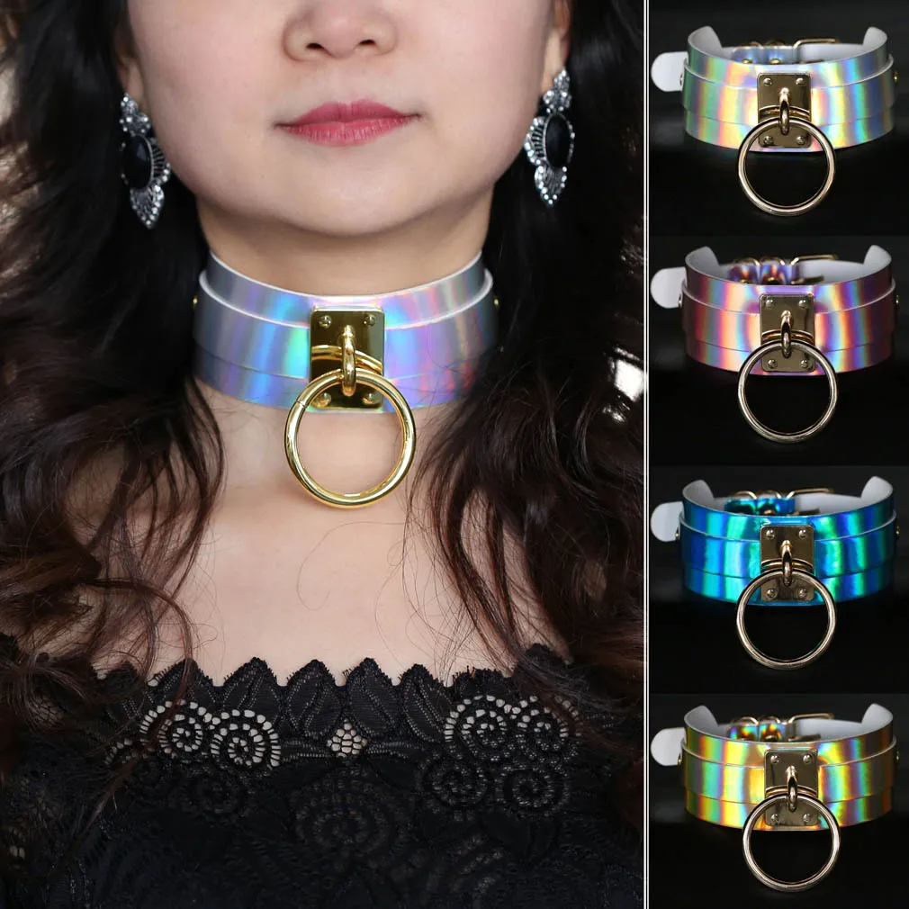 Punk Gothic Personality Exaggeration Nightclub Laser Circle Multicolored Leather Stainless steel Clavicle chain Necklace