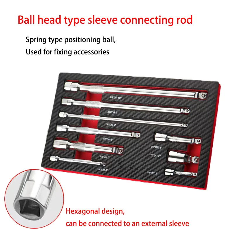 9PCS 1/2 3/8 1/4 Inch Ball Head Wobble Extension Length Bar Set For Socket Ratchet Accessory Tool Chrome Vanadium Steel