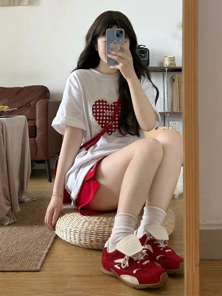 

Summer Faion Casual Set Women's Small Size Korean Sle ort Sve T-irt with Red orts Sli Age-Defng Two-Piece Set