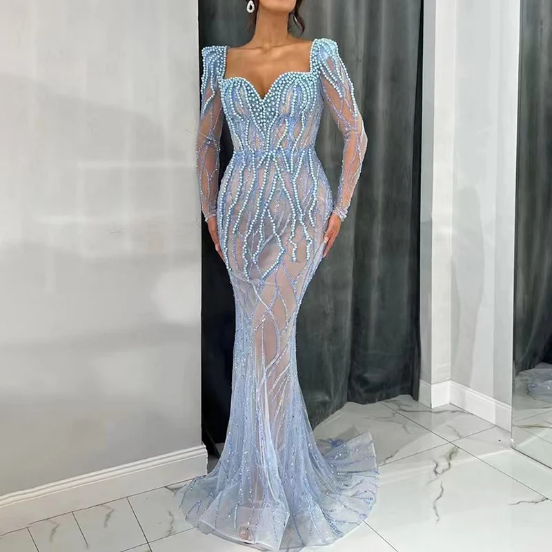 

Sexy Beads Long Prom Dresses for Women Sequins See through Floor-Length Mermaid Special Events Gala Long Evening Gown Maxi 2023