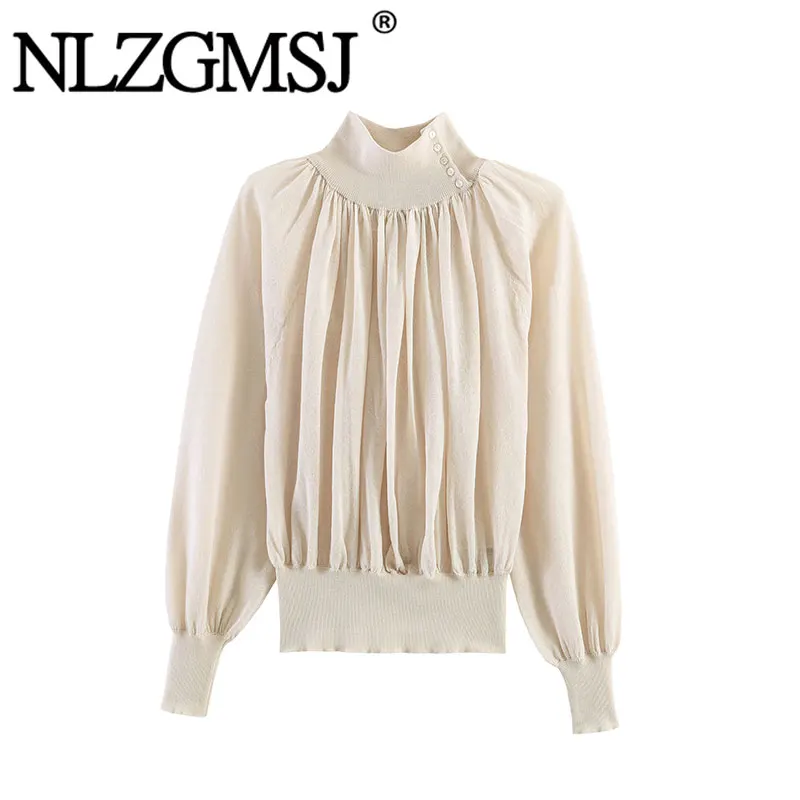 

Nlzgmsj 2026 Spring Women's Knit Patchwork High Neck Blouse Elegant Draped Pleated Long Sleeve Office Lady Shirt