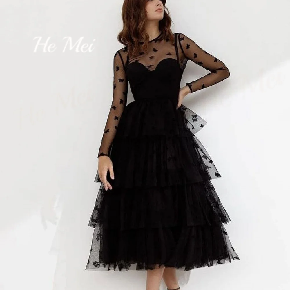 Prom Gowns For Women Tulle Romantic O-Neck A Line Evening Dresses Long Sleeves Mid Calf Length Party Dress فساتين السهرة