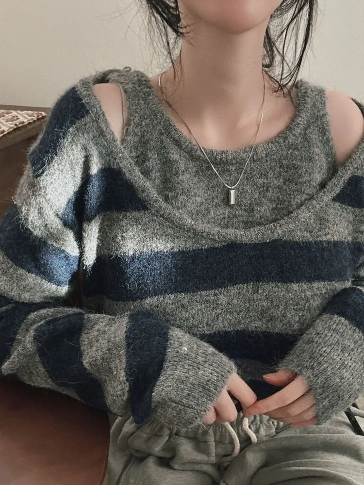 

Design Sensation Color Blo Striped Vest Fake Two-Piece Knitwear Women Soft Versatile Spring Autumn New Sle Long Sve ro...