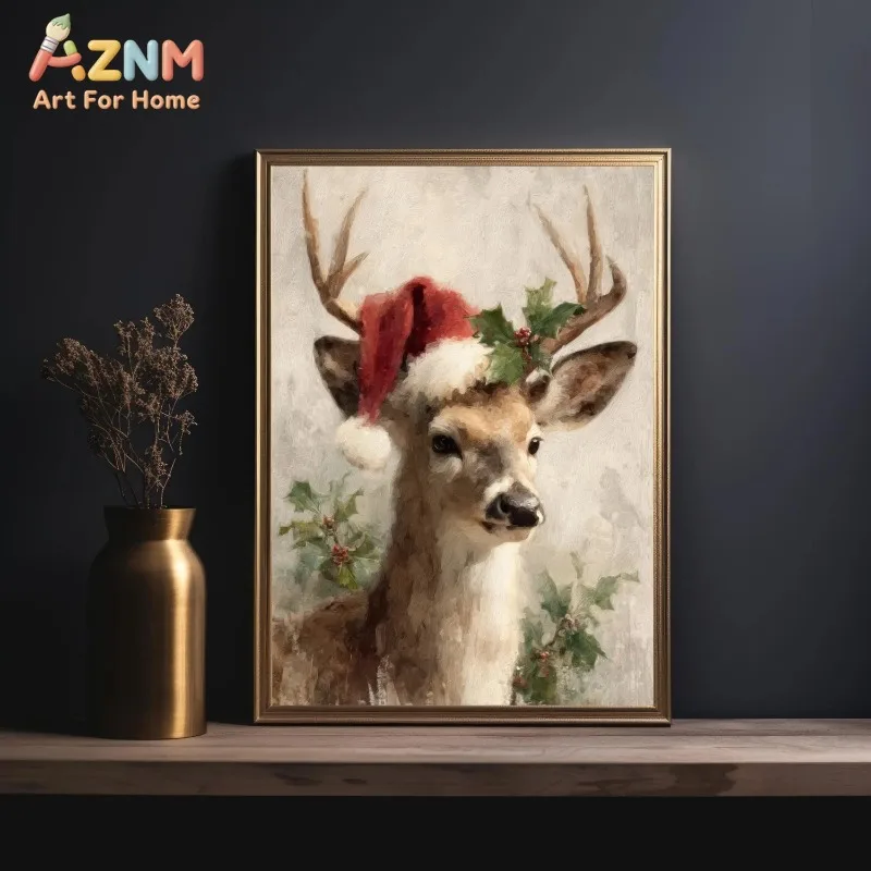 Vintage Christmas Deer Canvas Wall Art Santa Hat Holly Berry Retro Winter Animal Print for Festive Home Unframed Canvas Poster