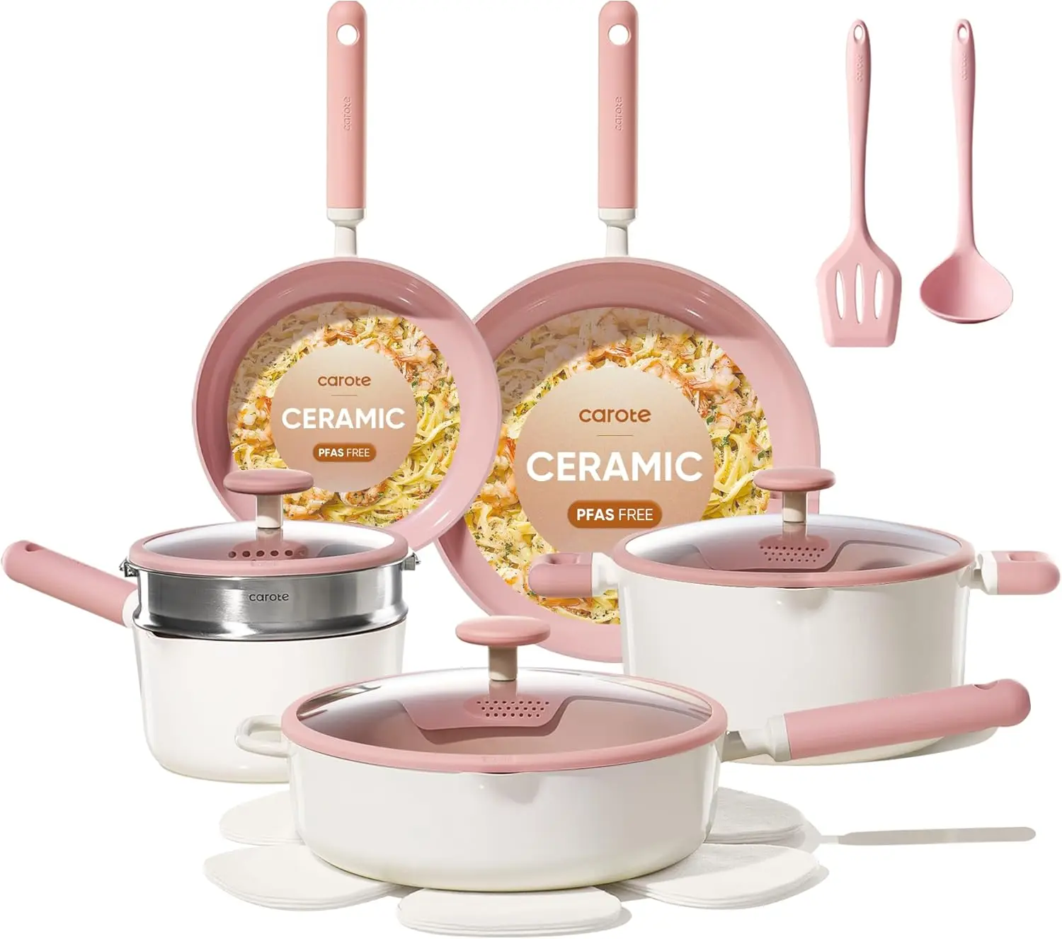 15 Piece Nonstick Ceramic Cookware Set Non Toxic Dishwasher Safe RV Camping Kitchen Utensils Pink