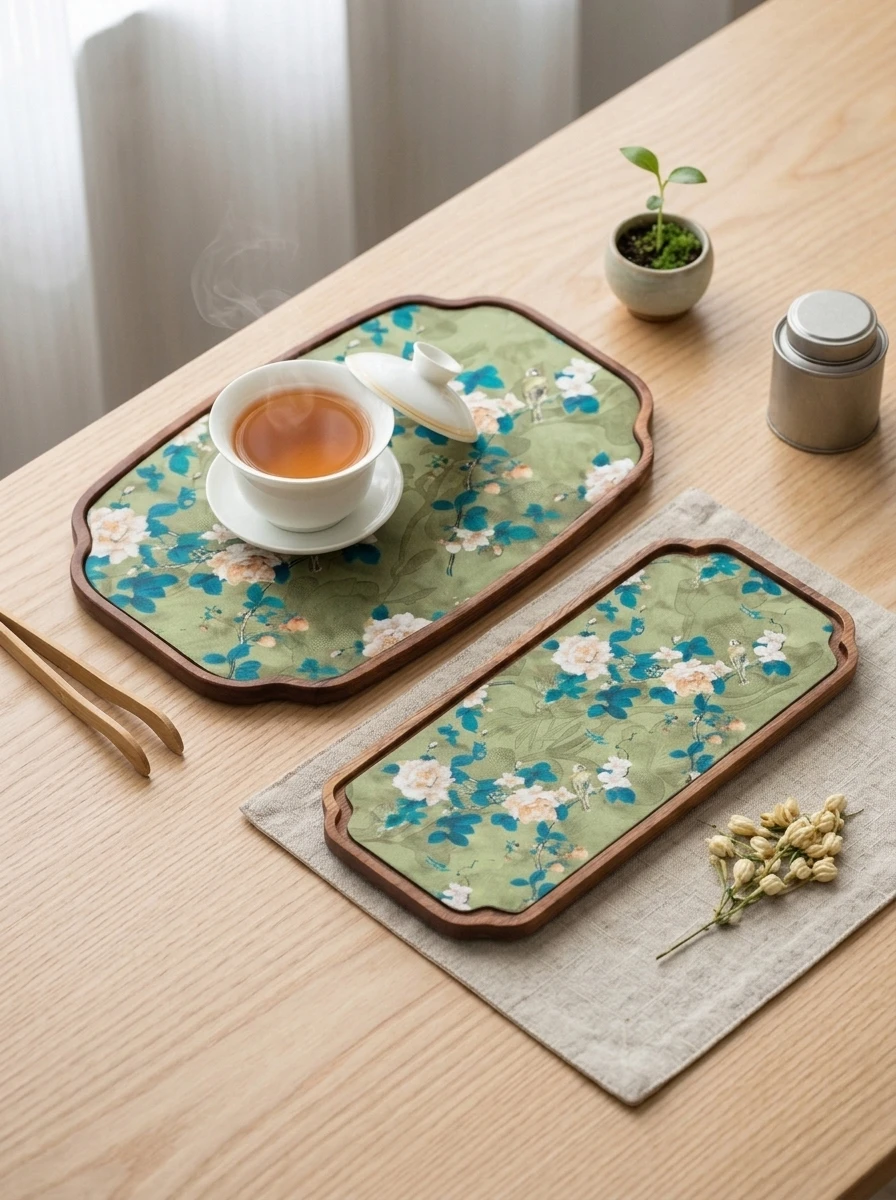 1pc Vintage Style Walnut Wood Tray Chinese Ink Floral Art Tea Tray, Curved Rim Decorative Tray for Home Office Gift Storage