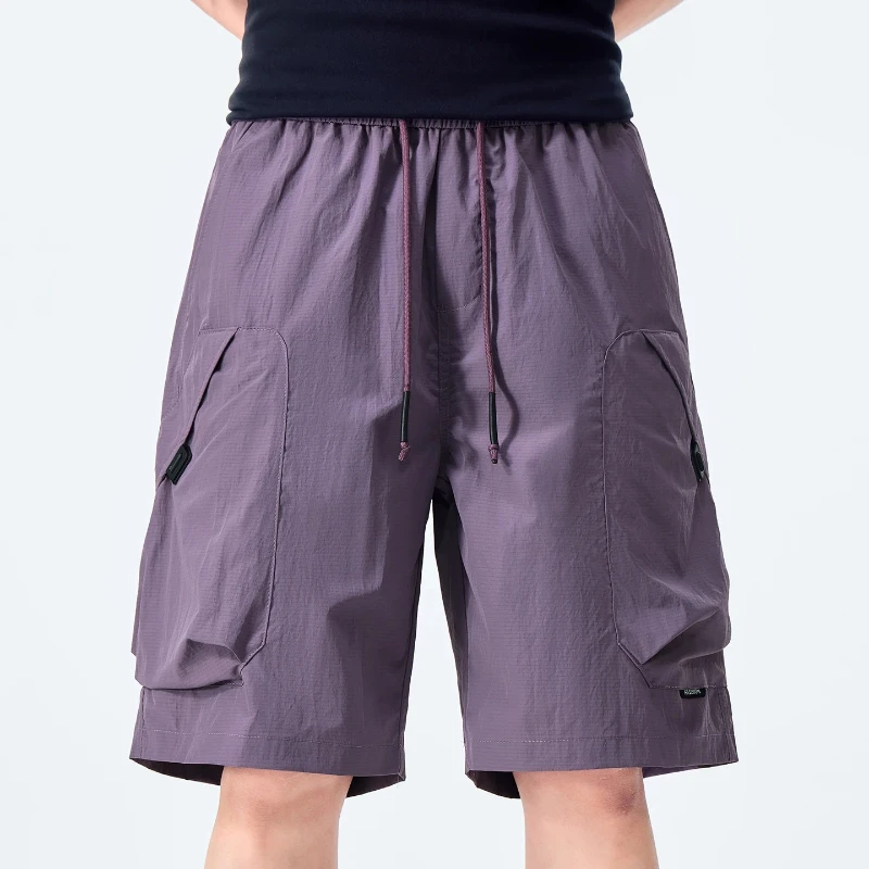 

Summer Men Ice Silk Casual Shorts Thin Breathable Cool Loose Pants Large Pocket Korean Streetwear Knee Length Cargo Trousers