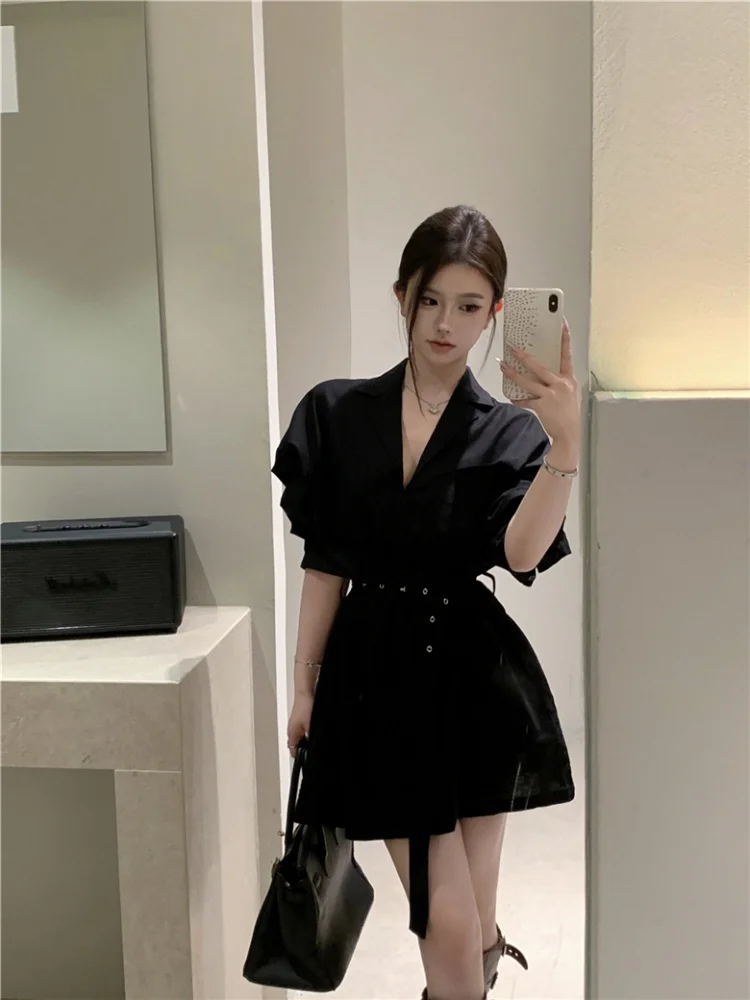 Autumn Korean Vintage Sexy Small Suit Collar Shirt Dress Women's Long Sleeve Fashion Waist Slim A-line Female Vestidos with Belt