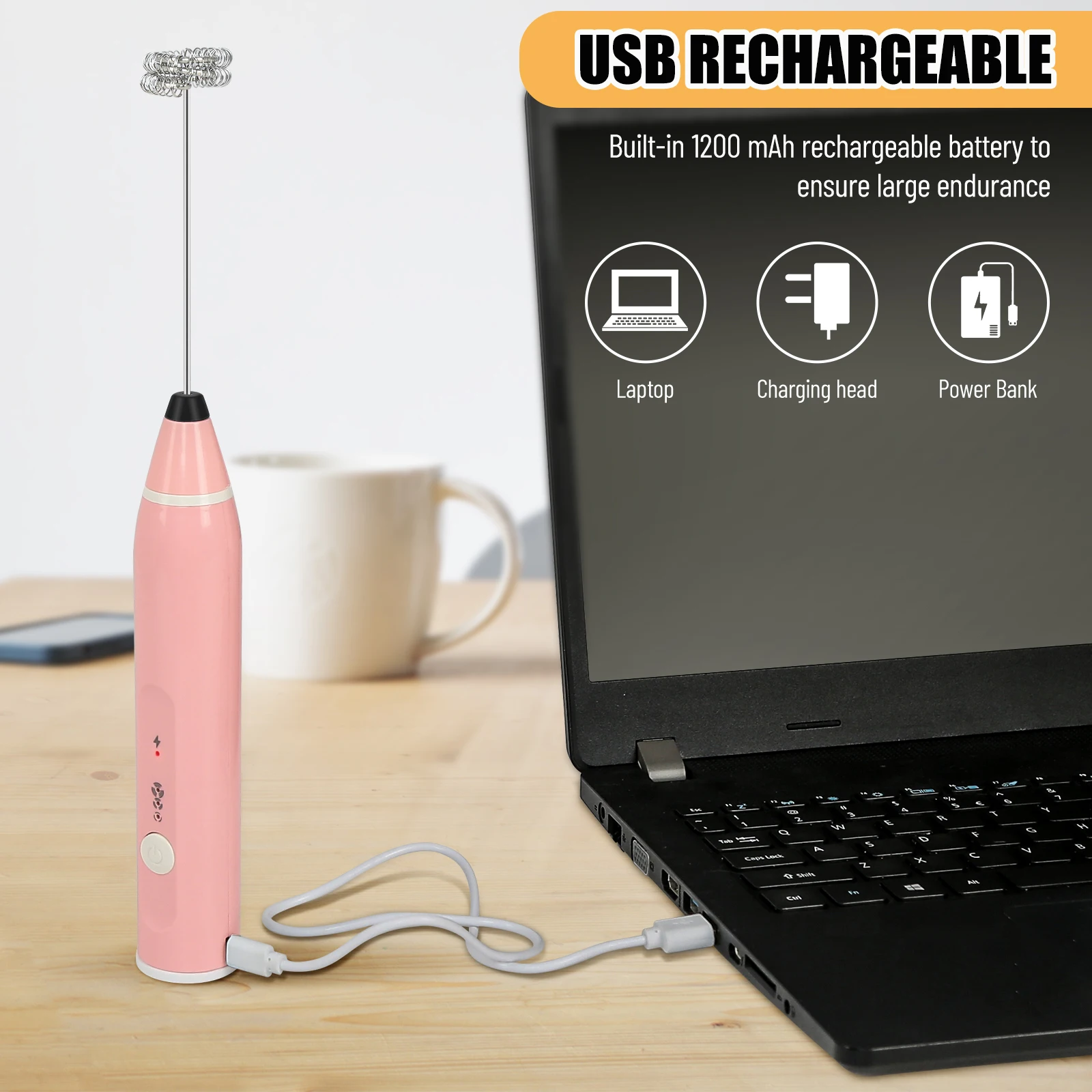 ماكينة صنع رغوة الحليب الكهربائية المحمولة لخفق البيض، خلاط قابل لإعادة الشحن عبر USB مع خفقين من الفولاذ المقاوم للصدأ، 3 سرعات قابلة للتعديل