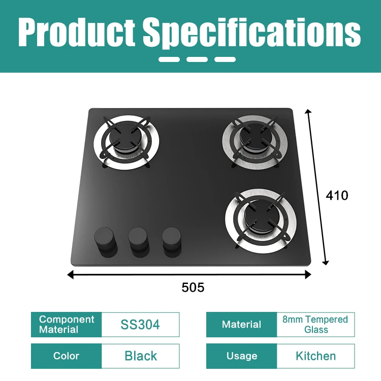 RV Gas Cooktop 505x410mm Built in 3 Burner Propane LPG Stove 8mm Tempered Glass Lid for Camper Van Yacht Motorhome RV Stove