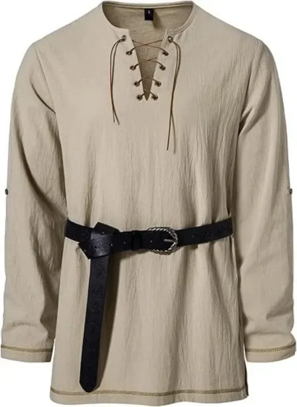 Mittelalterliches Schnürhemd für Herren mit Gürtel, langärmelig, Vintage-Piraten-Wikinger-Oberteil, Halloween-Cosplay-Kostüm, lässige Bluse – Detail 9