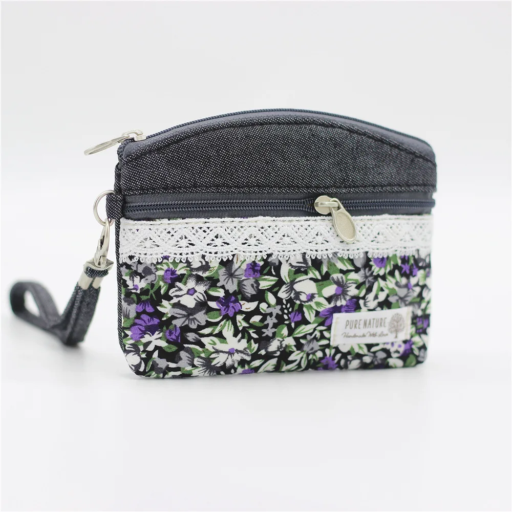 Street Trend Women's Cotton Fabric Lavender Flower Print Pattern Double Handles Carrying Fabric Coin Purse Countryside Coin Bag