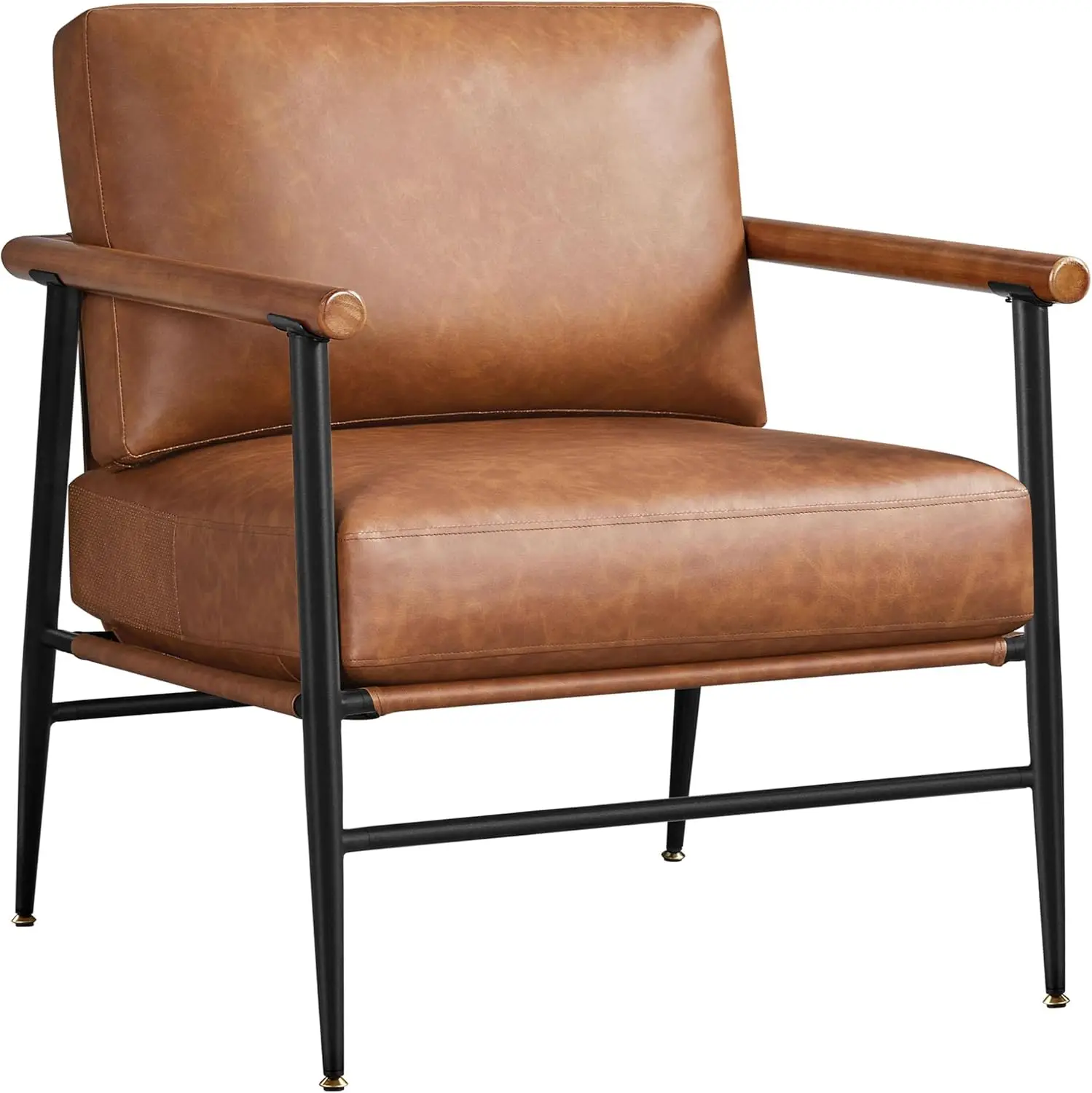 

Retro Brown PU Leather Accent Chair with Wooden Arms, Metal Frame, Back Pillow for Living Room, Bedroom, Office