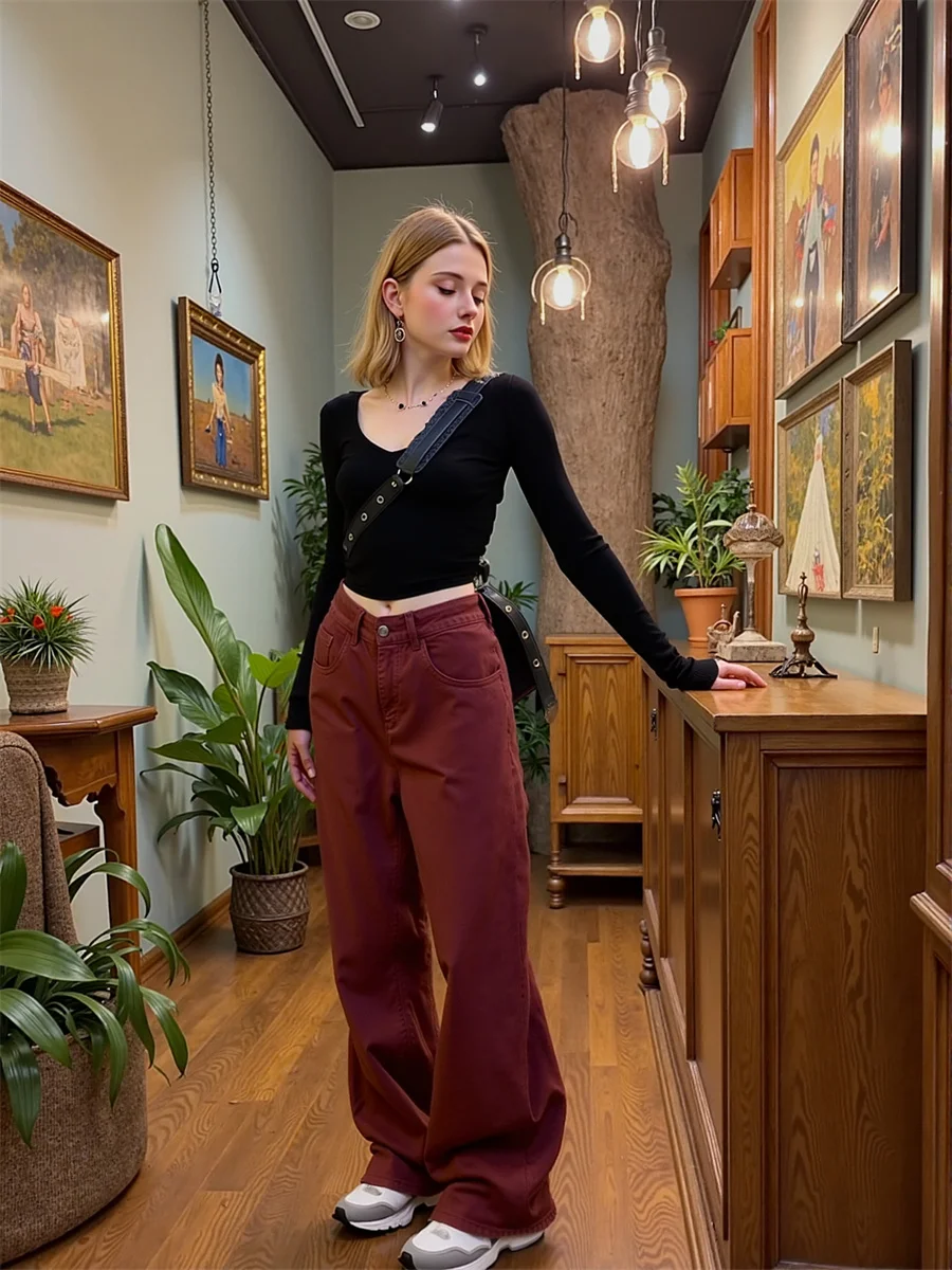 

Floor Wide Leg Red Loose Jeans Womens Distressed Tassels Vintage Flared Embroidery Patchwork Ripped High Waist Stretch Chic Y2K