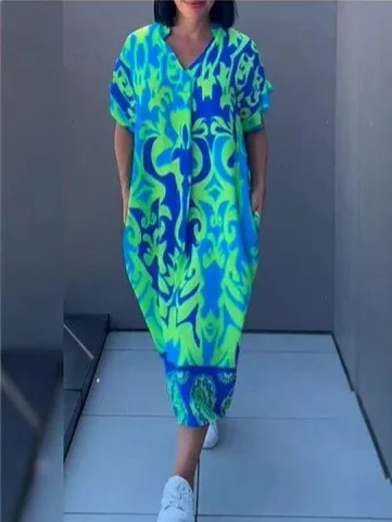 Boho Long Dress Elegant Women Summer 2025 Vneck Casual Floral Drawstring V-Neck Loose Holiday Beach Dresses Party Vestidos