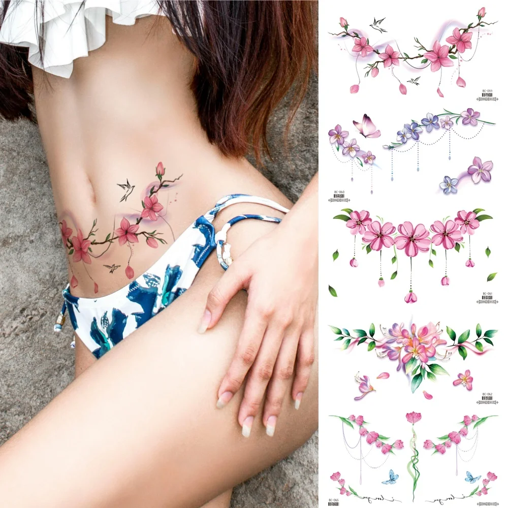 

5Sheets Waterproof Bright Colorful Tattoo Stickers for Girls,Temporary Fake Wasit Underboob Breast Body Tattoos for Women Men