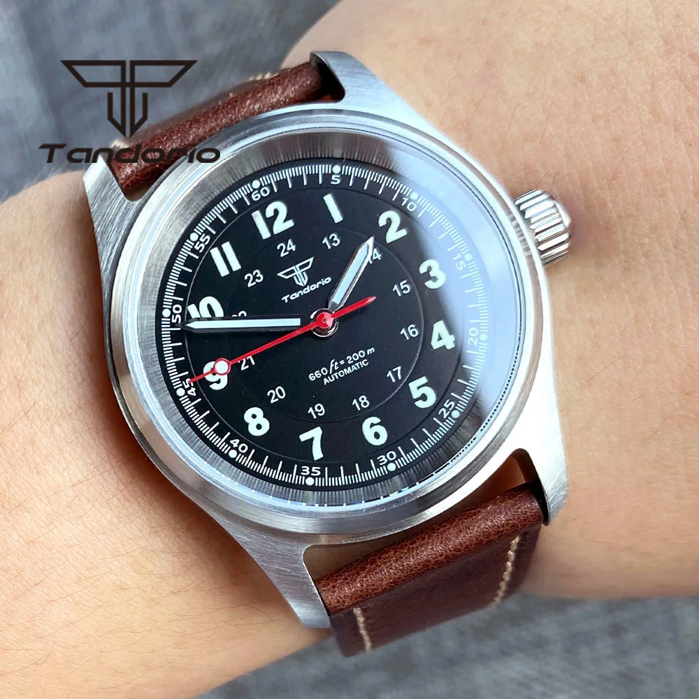 Tandorio 36mm NH35A PT5000 200M Pilot Dive Automatic Watch for Men Women Sapphire Glass Screw Crown Leather Strap Folding Clasp