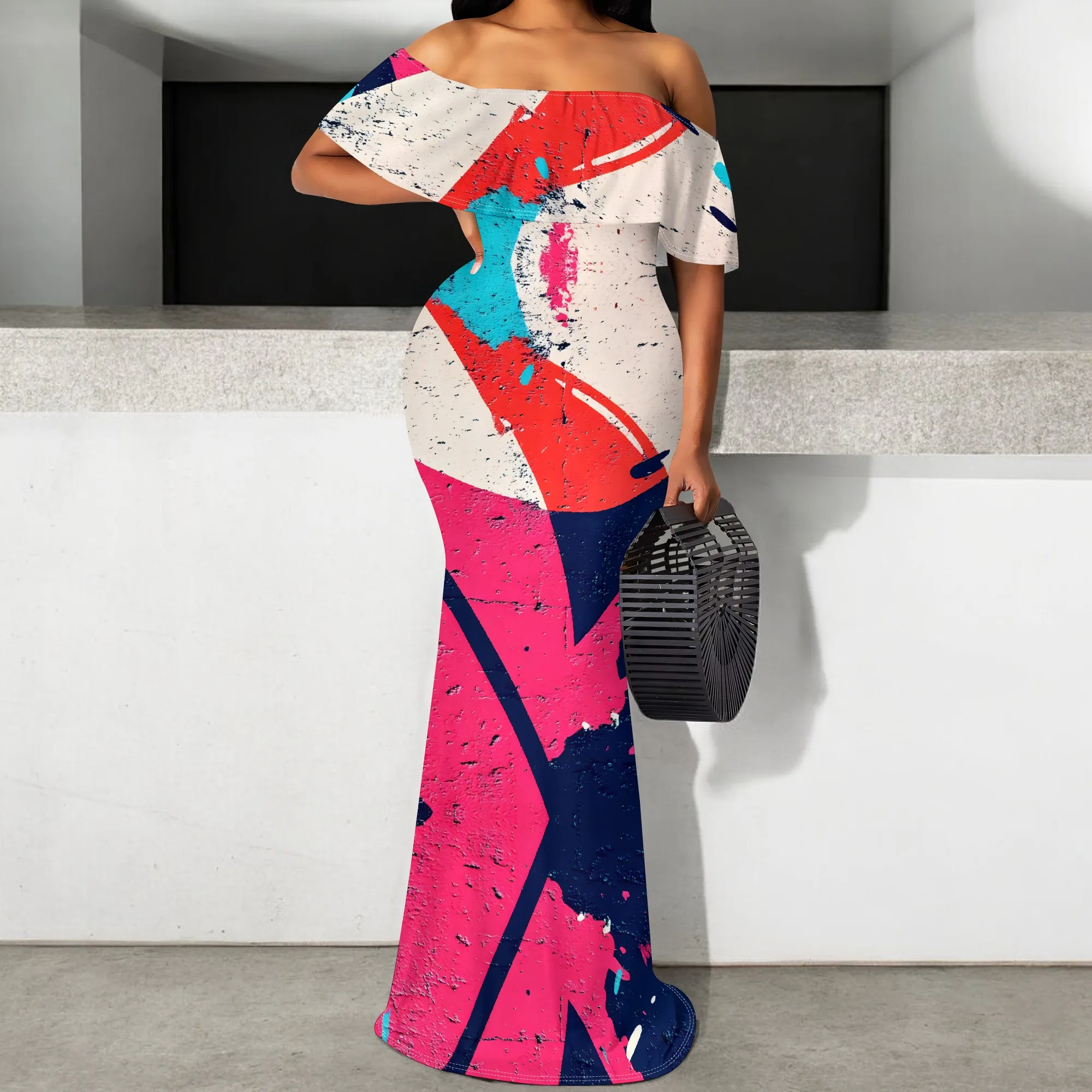 

Elegant Women's Off Shoulder Ruffle Maxi Dress Abstract Graffiti Print Mermaid Prom Dress S-3XL