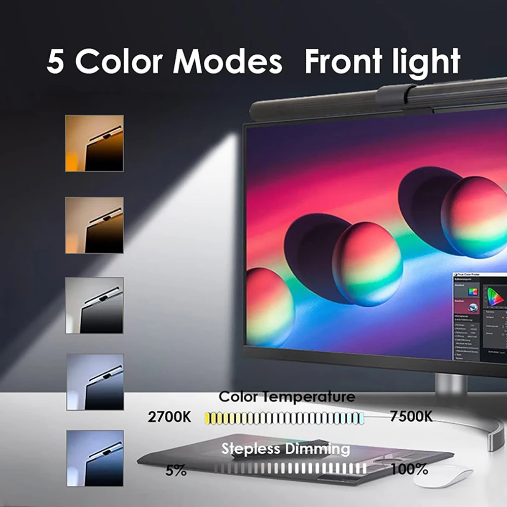 Wiscolor  شريط إضاءة شاشة RGB LED للشاشة  إضاءة شاشة الكمبيوتر المعلقة لشاشة الكمبيوتر الشخصي  مصباح طاولة إضاءة معتم غير متدرج للعناية بالعينين