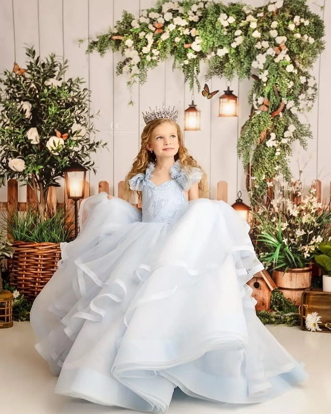 Vestido de flor azul claro para casamento, comprimento do chão, laço, decote em v, tule, inchado, sem mangas, princesa, festa de aniversário infantil, vestido de baile