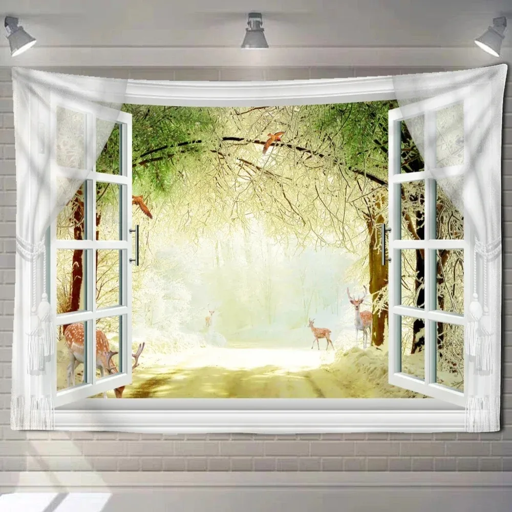 Home decoration natural ecological beach scenery imitation window paper art tapestry background wall room beautiful living room