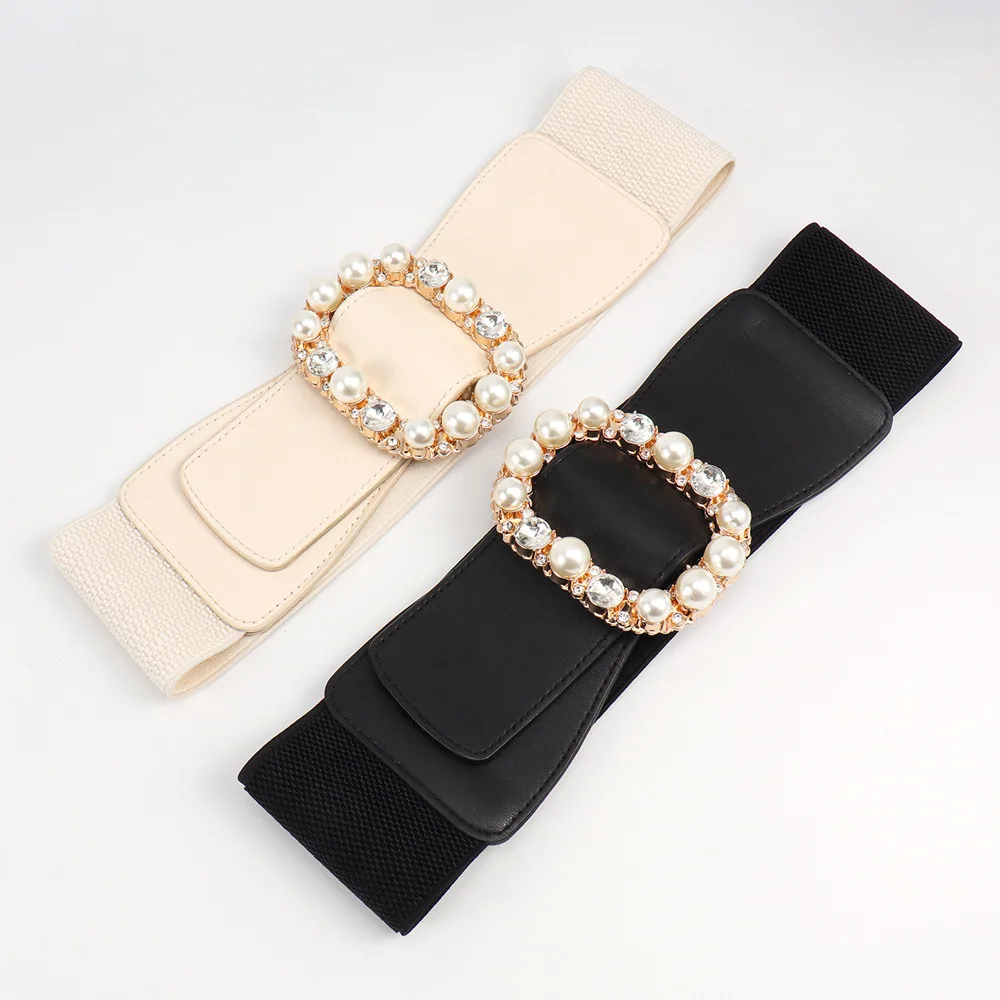 2026 Fashion Ladies Elastic Wide Waist Rhinestone Pearl Buckle Dress Shirt Decoration Belts for Women Luxury Designer Brand