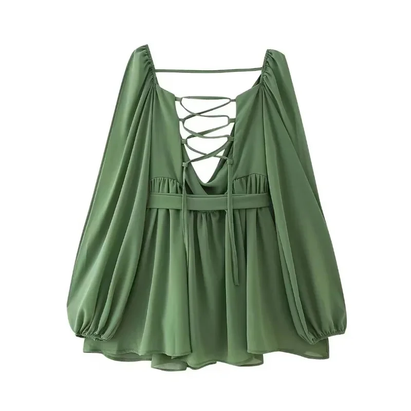 Elegant Green Women's Dress Casual V-neck Long Sleeved Bow Mini Skirt Summer Lace Up Hollow High Waisted Spicy Girl Midi Skirt