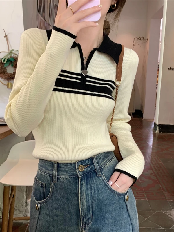 Slim Fit Striped Knit Sweater Women's Spring Autumn Versatile Outerwear Base Shirt Trendy Inner Match Half Zipper Turn-down C...