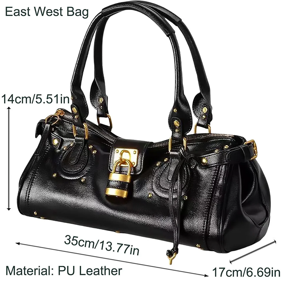 Vintage Y2K Lock Top Handle Bag für Damen, PU-Leder-Handtasche, Retro-Nieten-Unterarmtasche, Motorradtasche, Umhängetasche – Detail 3