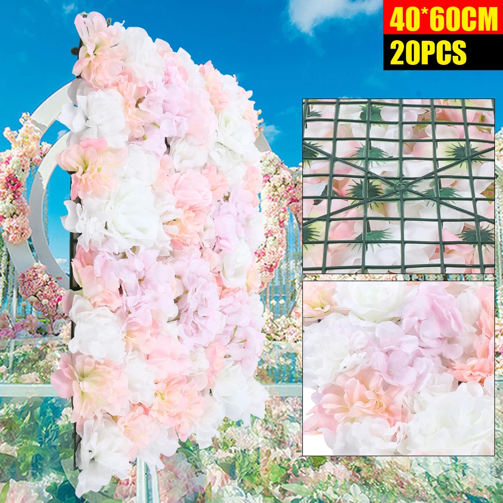 20 Pieces of Artificial Silk Flower Wall Board Wedding Plant Flower Wall (40 * 60cm) Pink