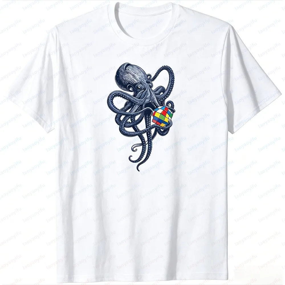 Summer Fashion Unisex Short Sleeve T Shirt Vintage Octopus Rubik Cube Graphic Cotton Tee Trendy Streetwear For Puzzle Lovers