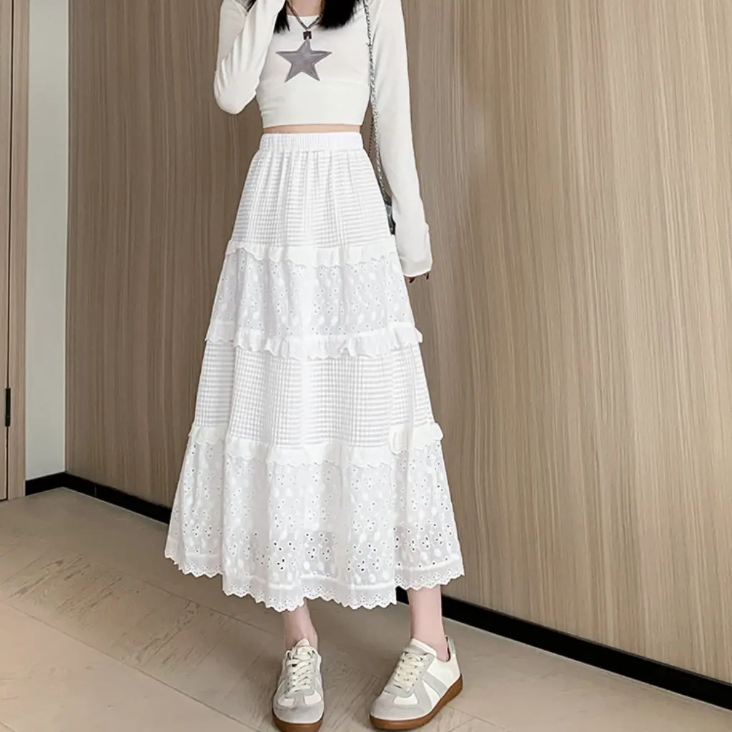 Damen-Rock mit hoher Taille, A-Linie, langer Rock, elegante Spitze, plissiert, schlankmachender Netz-Kuchenrock für Frühling und Herbst