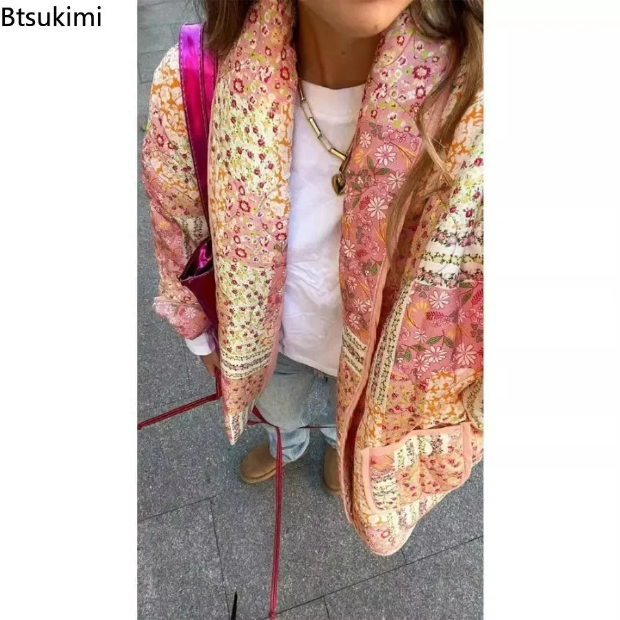 New2024 Women\'s Autumn Winter Warm Jackets Pocket Decoration Casual Loose Printing Open Cotton Parkas Long sleeve Coat Chic Top