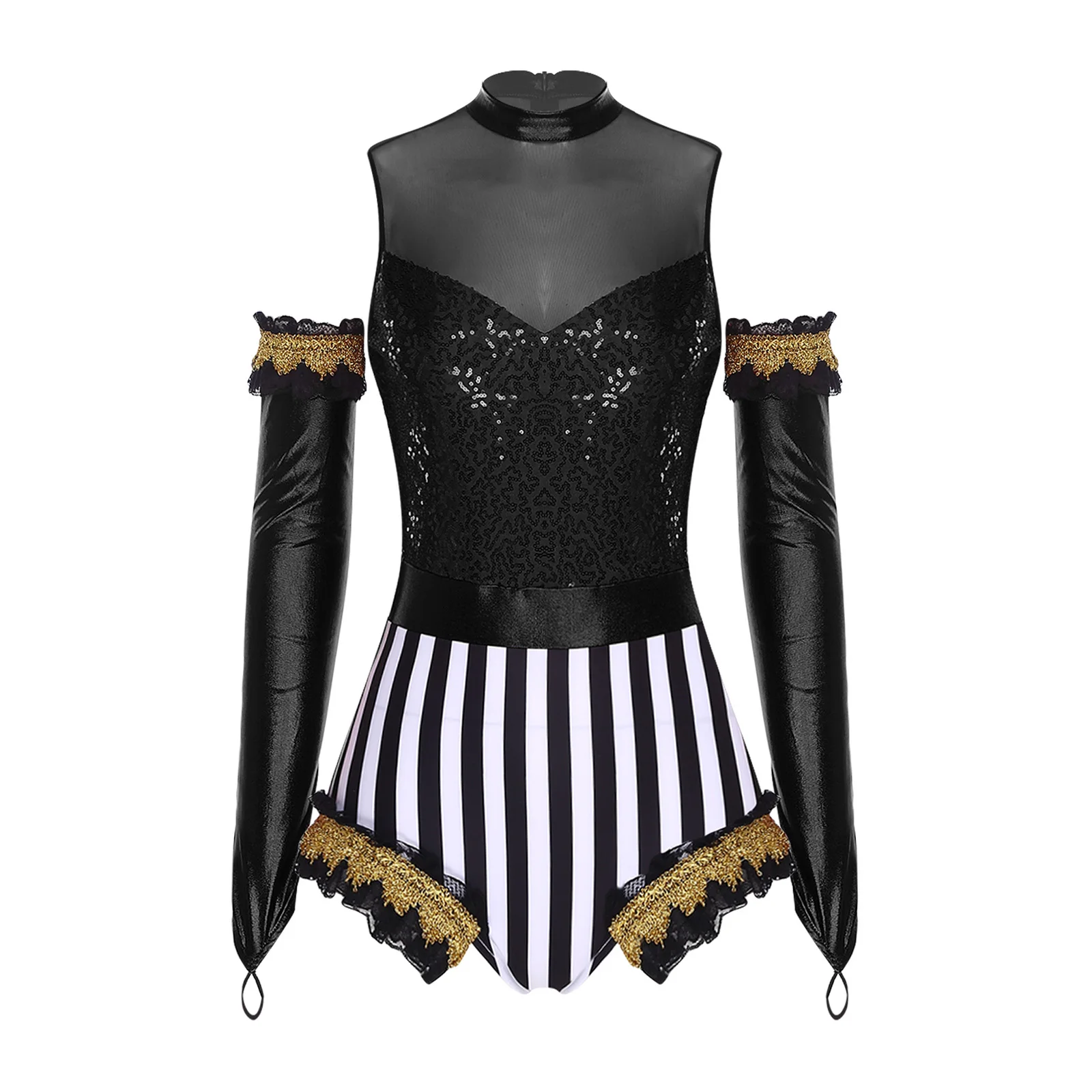 Women Circus Ringmaster Cosplay Costume Bodysuit with Gloves Sequined And Striped Ruffled Trim Leotard And Metallic Shiny Gloves