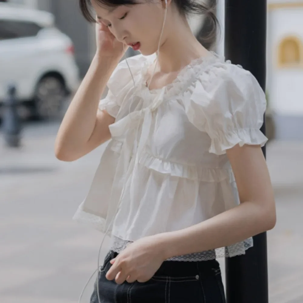 Blouses Women Bow Mesh Decoration Fungus Holiday Designed Summer Fashion Tender Dating Sweet Girls Puff Sleeve Loose Aesthetic