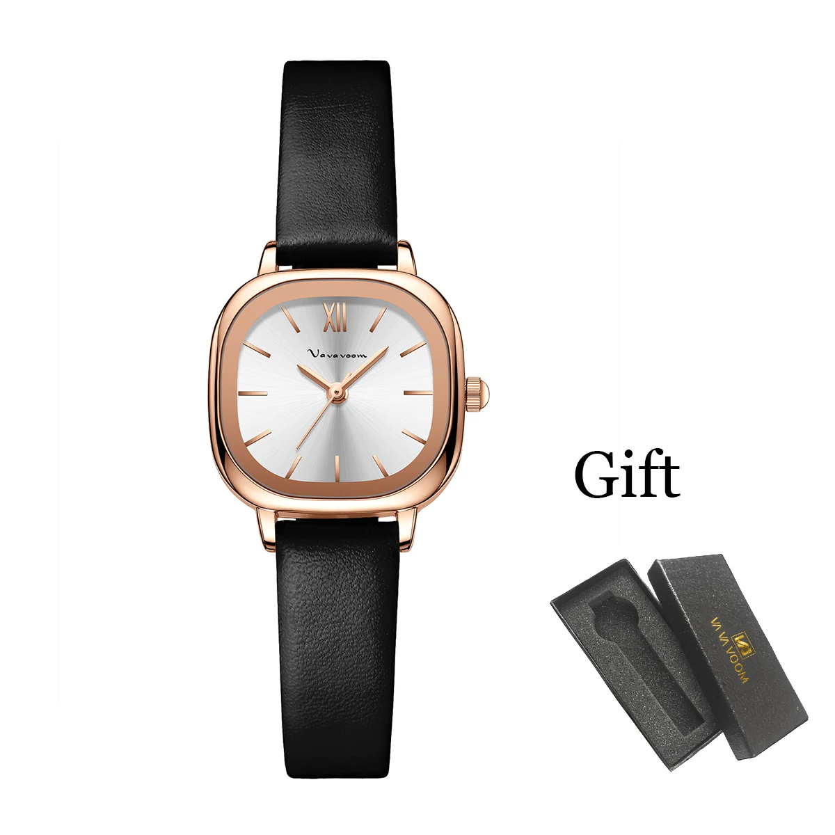 VA VA VOOM Women Watches Black Leather Minimalist Style Square Clock 3Bar Waterproof Quartz Movement Couple Gift Watch for Women